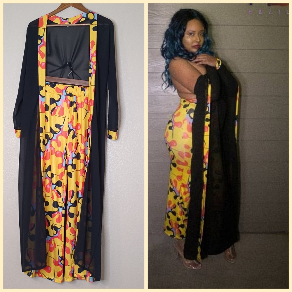AmiClubwear Black Yellow Multicolored Mesh Kimono Pants Set Women's Size Large